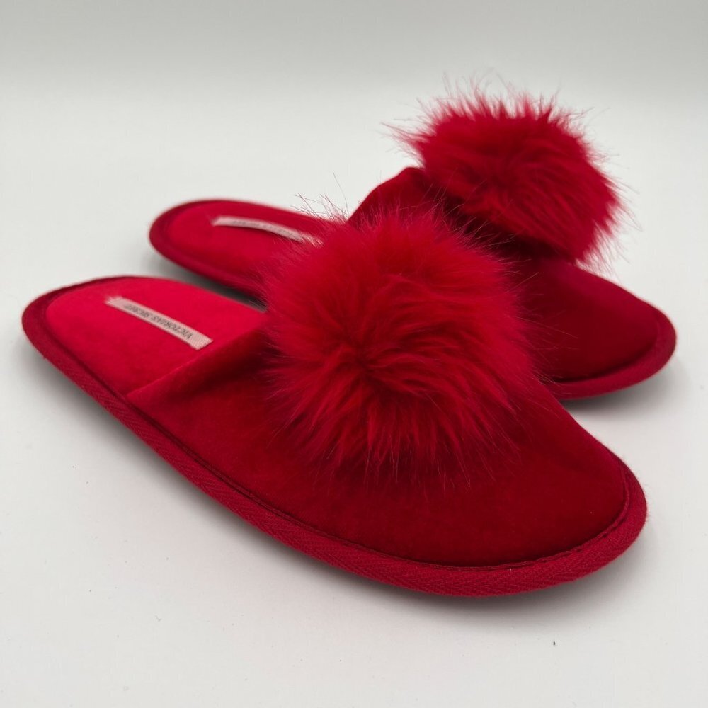 Victoria's Secret Carmine Red Pom Slippers Size L
